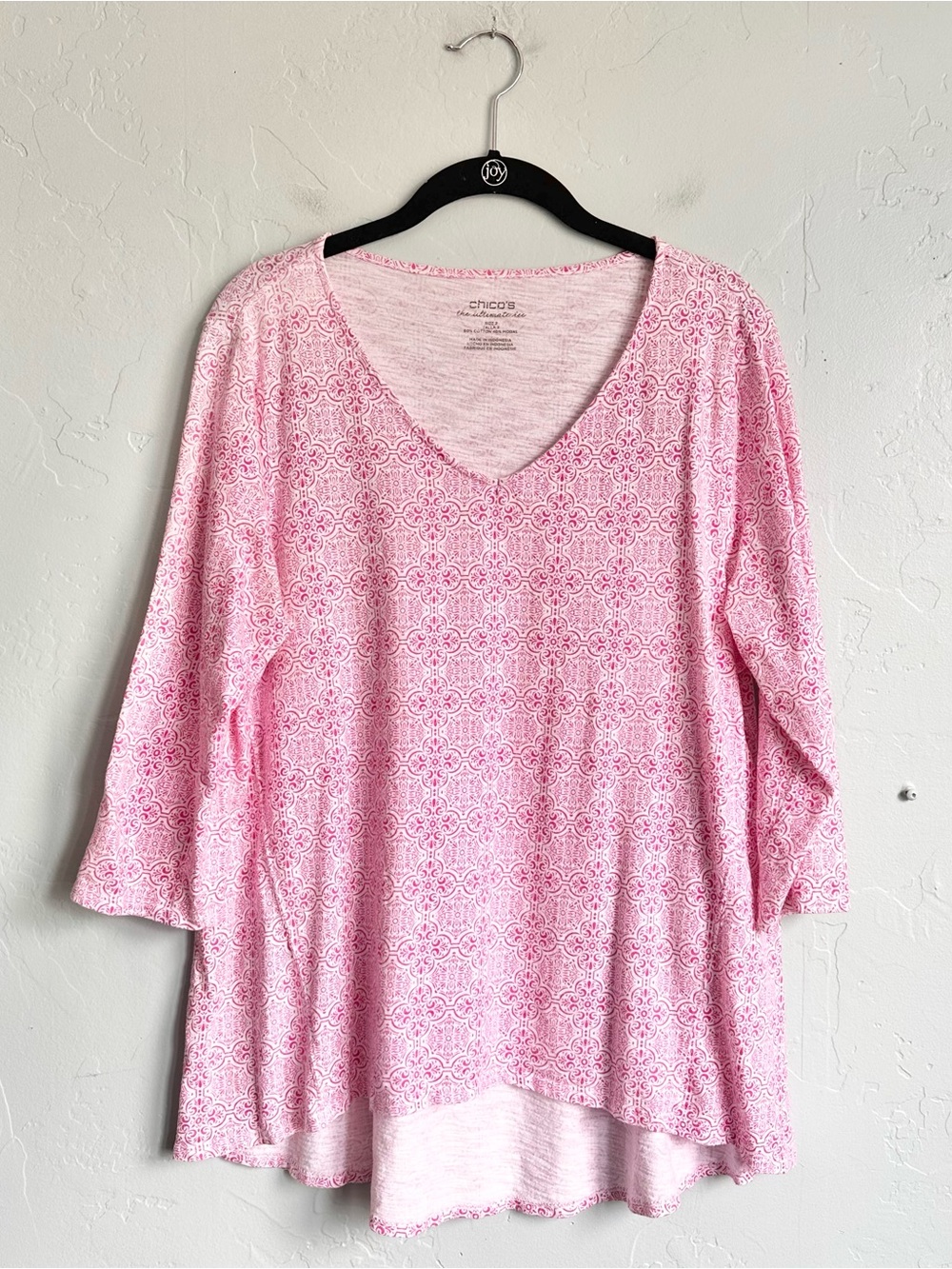 Chico's Women’s The Ultimate Tee Pink White Geo Print Tunic Tee Size Large 12